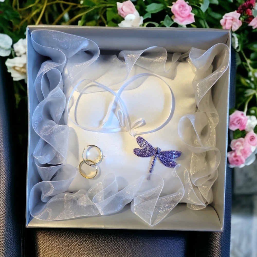 Wedding Ring Pillow Elegant Organza & Peau de Soir Satin Dragonfly Ribbons Lace
